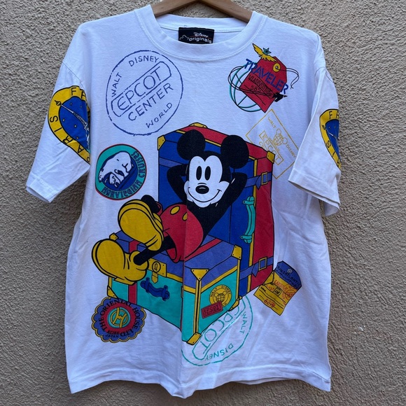 Disney Double Sided Epcot Center World Mickey Mouse Suitcase T Shirt White 90s - Picture 1 of 11